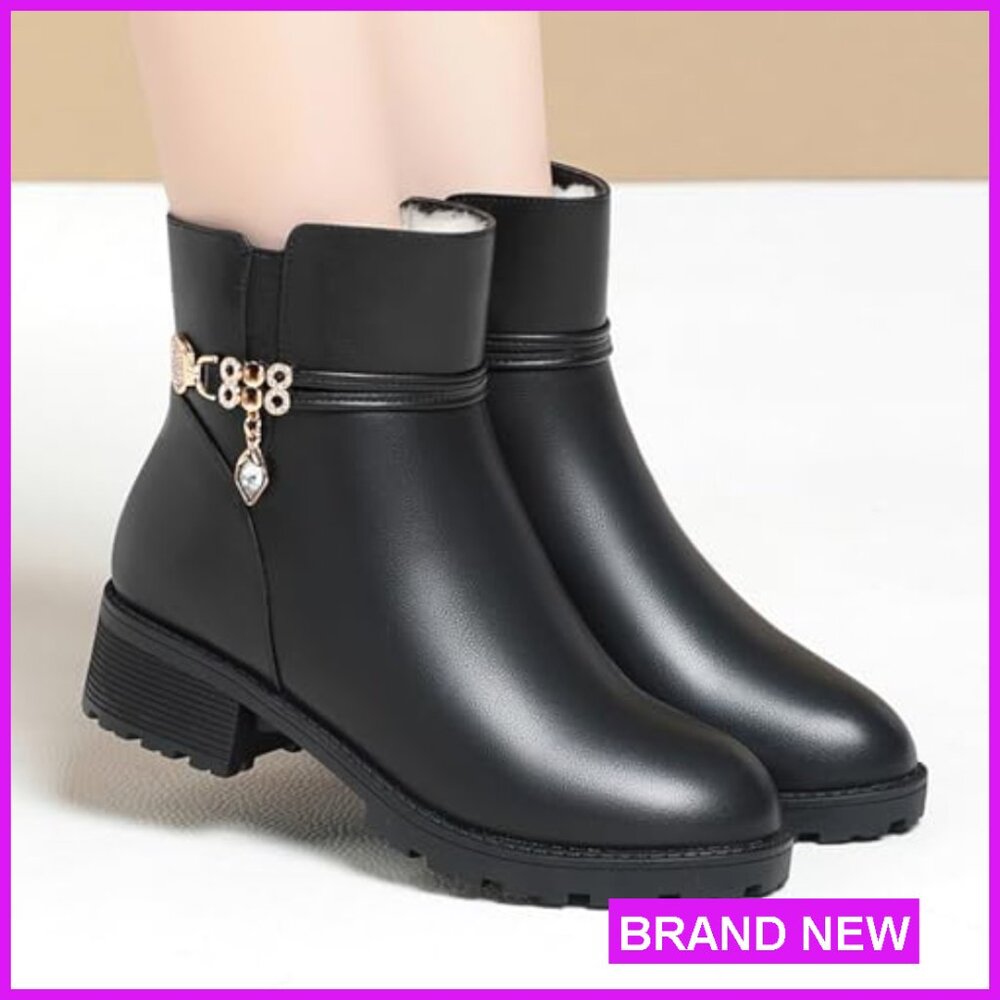 Leather Platform Booties Rhinestone Embellished F… - image 6